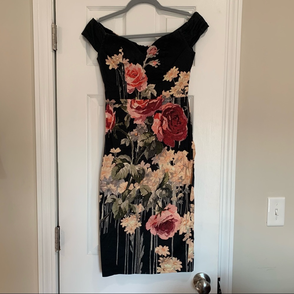 Off shoulder midi floral cocktail dress